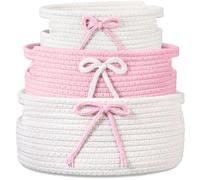 Breling 3 Pcs Pink Woven Storage Basket with Handles Pink, White | Cute Bow Accent, Cotton Rope Woven, Storage Organizer for Laundry and Home, Gift Basket for Pets, Stackable Bins with Handles