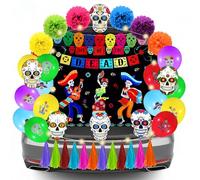 Breling 37 Pcs Day of the Dead Trunk or Treat Car Decorations Kit Dia De Los Muertos Party Decor Mexican Marigold Flower Heads Sugar Skull Cutouts Backdrop Balloon Light Strings Flag for Car Trunk