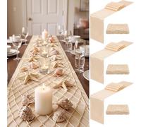 Breling 6 Pcs Decorative Fish Net & Satin Table Runners Set - 11.8 x 118'' Nautical Cotton Fishnet Decor, Champagne Table Runners for Mermaid Birthday, Ocean Beach Under the Sea Party Decor