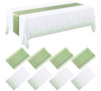 Breling 8 Pack White and Sage Green Disposable Plastic Tablecloths and Satin Table Runner Set, 54 x 108 Inch Tablecloth, 12 x 108 Inch Table Runners for Wedding Graduation Birthday Baby Shower