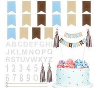 Breling 90 Pcs DIY Happy Birthday Cake Topper Set, Personalized Handmade Flag Banner Wooden Poll Alphabet Number for Custom Wedding Cake Decoration Anniversary Party Supplies(Blue Series)