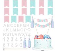 Breling 90 Pcs DIY Happy Birthday Cake Topper Set, Personalized Handmade Flag Banner Wooden Poll Alphabet Number for Custom Wedding Cake Decoration Anniversary Party Supplies(Pink Blue)