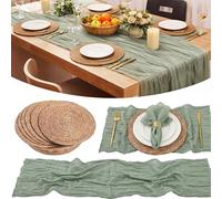 Breling Boho Sage Green Table Decor Set, Gauze Table Runner & Napkins with Woven Placemats, 14 Pcs Natural Rattan Placemats Set for Dining, Wedding, Party & Farmhouse Decor