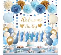 Breling Dusty Blue Baby Shower Decorations Kit-welcome Baby Banner, Cake Topper, Paper Lanterns, Pom Poms & Tassels, Circle Dots Curtain Boho Boy Gender Reveal Party Supplies, Neutral Birthday Decor