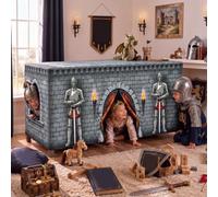 Breling Medieval Knight Castle Play Tent Tablecloth for Kids, 70x30 Inch 3D Stone Wall Table Cover, Role Play Toy House with Lookout Window for Birthday Party Baby Shower and Indoor Playroom