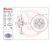 Brembo Rear Single Solid Brake Disc with Bearing 08.A135.17 - Fits RENAULT