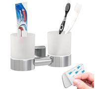 bremermann Bathroom Series Lucente Tape Double Glass Cup Holder Self-Adhesive Glass & Stainless Steel High Gloss No Drilling 3M Adhesive Attachment Toothbrush Cup
