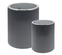 bremermann GAVELLO Cosmetic Bin with Swing Lid / Mini 1.5 L and 5.5 L Bath Bucket with Grooves Design Plastic Grey Round Set of 2