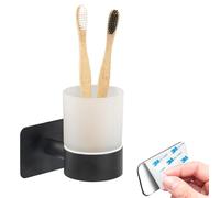 bremermann Piazza Black Tape Bathroom Series, No Drilling, with Adhesive Pad, Self-Adhesive, Cup Holder, Toothbrush Holder, Satin Glass and Stainless Steel, Matt Black