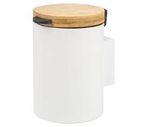 bremermann round wall-mounted cosmetics bin with bamboo lid incl. wall bracket, waste garbage can with 2-way mounting, for gluing or drilling, 3 liter capacity, made of white metal