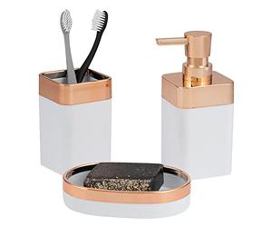 bremermann Savona Bathroom Set, 3-Piece, Plastic, White with Rose Gold - Soap Dispenser, Soap Dish, Toothbrush Holder