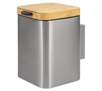 bremermann square wall-mounted cosmetics bin with bamboo lid incl. wall bracket, waste garbage can with 2-way mounting, waste garbage can for gluing or drilling, 3 liter capacity, stainless steel