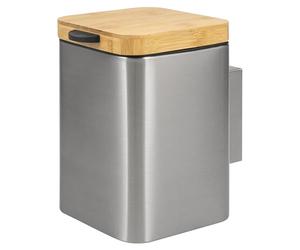 bremermann square wall-mounted cosmetics bin with bamboo lid incl. wall bracket, waste garbage can with 2-way mounting, waste garbage can for gluing or drilling, 3 liter capacity, stainless steel