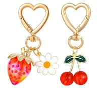 Bremorou 2 Pcs Strawberry Keyring & Cherry Key Chain Set Kawaii Heart Flower Daisy Bag Purse Charms Cute Bag Charms for Women Car Keys Decor Handbags Backpacks Purse Stuff Accessories Gifts Red