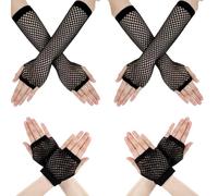 Bremorou 4 Pairs Black Fishnet Gloves Long and Short Mesh Fingerless Gloves Fingerless Mesh Glove Fish Net Arm Sleeves 80s Party Cosplay Costume Accessories for Women Halloween Gifts Polyester