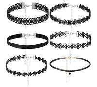 Bremorou 6 Pcs Vintage Gothic Elastic Choker for Women Black Velvet Choker Necklace Adjustable Black Velvet Chokers Necklaces Set 90s Style Classic Punk Lace Chokers Fit Party Cosplay Birthday Gifts
