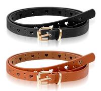 Bremorou Kids Belt For Girls 2 Pcs Durable Pu Leather Elastic Belt With Heart Buckle For Toddler Girls Pants Dress, Adjustable Waist 35.43 Inches, Black & Brown