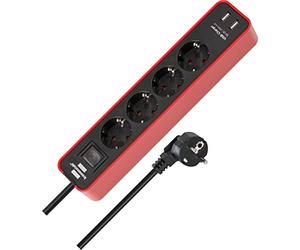 Brennenstuhl Ecolor 4-way power strip with USB charging socket (multiple socket with 2x USB charger, switch and 1.5m cable) red/black