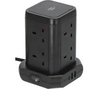Brennenstuhl Tower Extension Lead 8-way with USB (Extension Tower 8-way with 2x USB A & 1x USB C and Safety Fuse Button, sockets in 90° arrangement, 2m cable) black