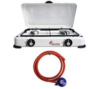 BRENNER Double Burner Gas Camping Stove - Portable Outdoor Gas Cooker with Enamel Lid & Butane 21mm Clip-on Regulator - Lightweight Camping Kitchen Equipment for Caravan BBQ, Picnic & Festival Cooking