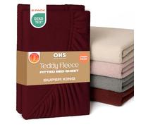 Brentfords 2 Pack Super King Bed Sheet, Soft Warm Thermal Teddy Fleece Fitted Sheet Deep Pocket 25cm Fade Resistant Cuddly Cosy Fluffy Teddy Bear Bedding Super King 2 Pack, Burgundy
