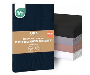 Brentfords Bedding Single Fitted Sheet Navy Blue, Easy Care Soft Microfibre Fabric Deep Pocket 30cm Single Bed Sheet Shrinkage and Fade Resistant Bed Linen Bottom Sheets, 90 x 190cm