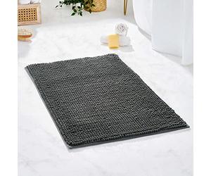 Brentfords Noodle Grey Bath Mat Non-Slip Chenille Bathroom Shower Rug Highly Absorbent Shaggy Washable, Charcoal Grey - 45 x 75cm