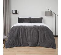 Brentfords Reversible Teddy Fleece Duvet Cover with Pillow Case Supersoft Fluffy Thermal Warm Soft Bear Bedding Set, Charcoal White - Superking