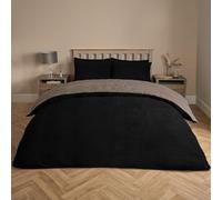 Brentfords Reversible Teddy Fleece Duvet Set, Super Soft Warm Thermal Double Duvet Set Plain Dye Fluffy Fleece Double Teddy Bear Bedding with Pillowcases, Black/Natural