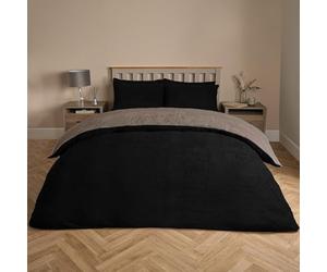 Brentfords Reversible Teddy Fleece Duvet Set, Super Soft Warm Thermal King Size Duvet Cover Set Plain Dye Fluffy Fleece King Size Teddy Bear Bedding with Pillowcases, Black/Natural