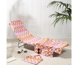 Brentfords Sun Lounger Towels with Pockets, Soft Quick-Dry Absorbent Lightweight Easy Storage Large Beach Towel in a Bag For Travel Poolside Beach Days Holiday Accessories, 75 x 215cm - Orange Zigzag