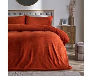 Brentfords Teddy Fleece Duvet Set Double, Super Soft Warm Thermal Double Duvet Luxurious Plain Dye Fluffy Fleece Cosy Teddy Bear Bedding with Matching Pillowcases, Rust