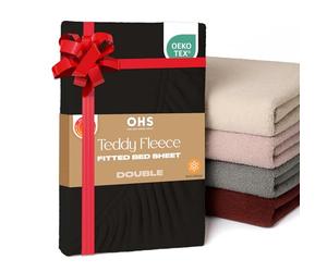 Brentfords Teddy Fleece Fitted Sheet, Gifts for Women Men Super Soft Warm Fitted Bed Sheets Double Thermal Luxury Winter Cuddly Bed Sheets Teddy Bear Bedding Easy to Use Fit, Black