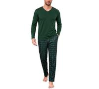Bresdk Mens Cotton Pyjamas Long Sleeve V Neck with Checked Trousers | Plain top with checked bottoms, two side pockets and an elasticated drawstring waist for an adjustable fit.
