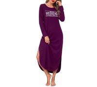 Bresdk Nighties for Women Long Sleeve Side Slit Maxi Dress L | Hello Weekend Motif, Crew Neck, Curved Hem, Ankle Length, Loungewear, Comfortable, Washable, Soft, Nightwear