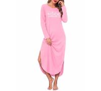 Bresdk Nighties for Women Long Sleeve Side Slit Maxi Dress L | Hello Weekend Motif, Crew Neck, Curved Hem, Ankle Length, Loungewear, Comfortable, Washable, Soft, Nightwear