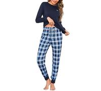 Bresdk Womens Pyjamas Winter Cotton Long Sleeve Checked PJs with Pockets | Two piece ladies nightwear, round neck top, elastic drawstring waist, relaxed seasonal comfort