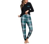 Bresdk Womens Pyjamas Winter Cotton Long Sleeve Checked PJs with Pockets | Two piece ladies nightwear, round neck top, elastic drawstring waist, relaxed seasonal comfort