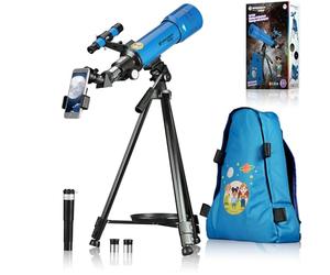 BRESSER children's astronomic refractor lens travel telescope for kids and beginners 70/400 AZ-mount with tripod, backpack, finder scope, smart phone holder blue