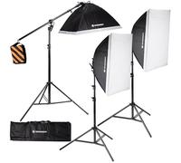 BRESSER LED Daylight Set, 25W LED Lights, Mounting Hardware, Carrying Case | 5500 K, CRI over 85, 3 x 5 E27 LEDs at 25 W, 60 x 80 cm softboxes, stands up to 210 cm, boom stand, carry bag