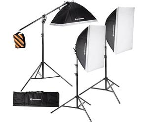 BRESSER LED Daylight Set, 25W LED Lights, Mounting Hardware, Carrying Case | 5500 K, CRI over 85, 3 x 5 E27 LEDs at 25 W, 60 x 80 cm softboxes, stands up to 210 cm, boom stand, carry bag