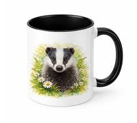 Brew Crew Gifts Badger Mug with Woodland Watercolour Design, White Ceramic Coffee Cup, Dishwasher and Microwave Safe (Black)