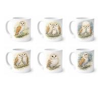 Brew Crew Gifts Barn Owl Watercolour Mug Set, Ceramic, White, 11 oz, Dishwasher Safe, Microwave Safe, 6 Piece, Wildlife Theme