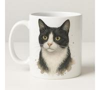Brew Crew Gifts Black and White Cat Watercolour Ceramic Mug, 11 oz, Dishwasher Safe, Double-Sided Print, Glossy Finish, Contemporary Style