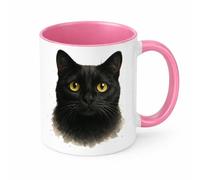 Brew Crew Gifts Black Cat Watercolour Mug, White Ceramic, 11 oz, Dishwasher Safe, Microwave Safe, Yellow Eyes Design, Double-Sided Print (Pink)