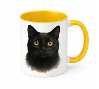 Brew Crew Gifts Black Cat Watercolour Mug, White Ceramic, 11 oz, Dishwasher Safe, Microwave Safe, Yellow Eyes Design, Double-Sided Print (Yellow)