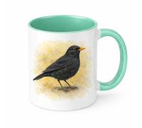 Brew Crew Gifts Blackbird Watercolour Ceramic Mug, 11oz, Dishwasher and Microwave Safe, British Garden Bird Design, Wildlife Art Theme (Mint)