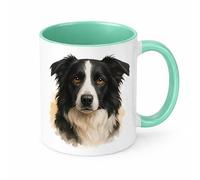 Brew Crew Gifts Border Collie Sheep Dog Watercolour Ceramic Mug, White, 11 oz, Dishwasher and Microwave Safe, Double-Sided Print, Dog Portrait Design (Mint)