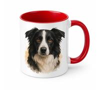Brew Crew Gifts Border Collie Sheep Dog Watercolour Ceramic Mug, White, 11 oz, Dishwasher and Microwave Safe, Double-Sided Print, Dog Portrait Design (Red)