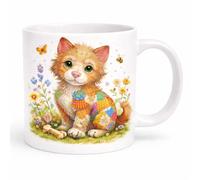 Brew Crew Gifts Cat Mug, 11oz Ceramic, Patchwork Cat Illustration, White, Dishwasher and Microwave Safe